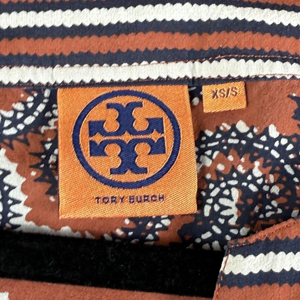 Tory Burch Womens XS Silk Boho Sapello Tunic Paisley Striped Trim 51112639‎